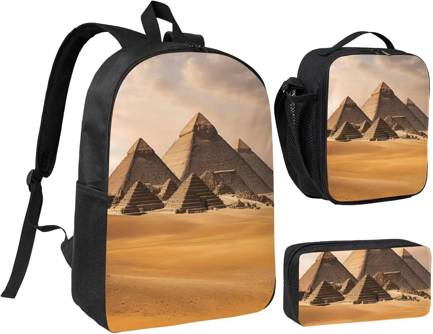 Pyramids of Egypt print Backpack Set Casual Shoulder Bag Lunch Bag Pen Pouch 3 in 1 Set 17inch for Women Men College