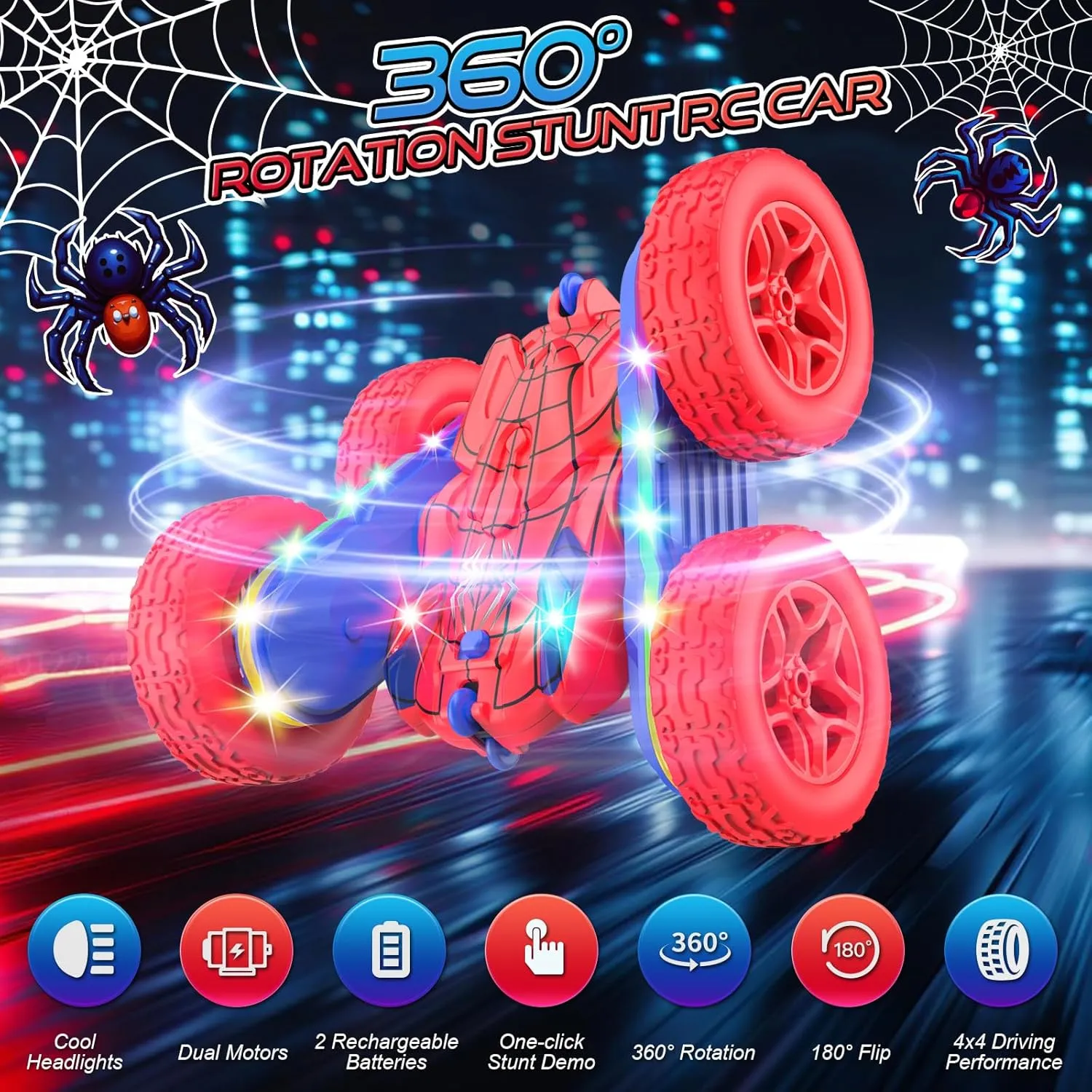 Remote Control Car Spider Rc Cars New Upgraded Strip Lights and Headlights Car Toys Double-Sided 360° Rotating Rc Truck for Boys Girls Birthday Gift (Red)