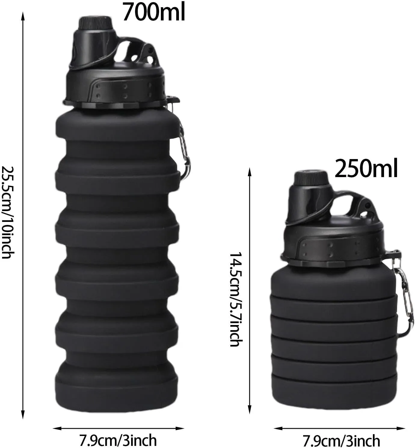 Retractable Water Bottle - Silicone Travel Water Bottle - Portable Camping Water Bottle, Reusable Sports Water Bottle With Carabiner 700ml For Camping, Hiking Outdoor Sport
