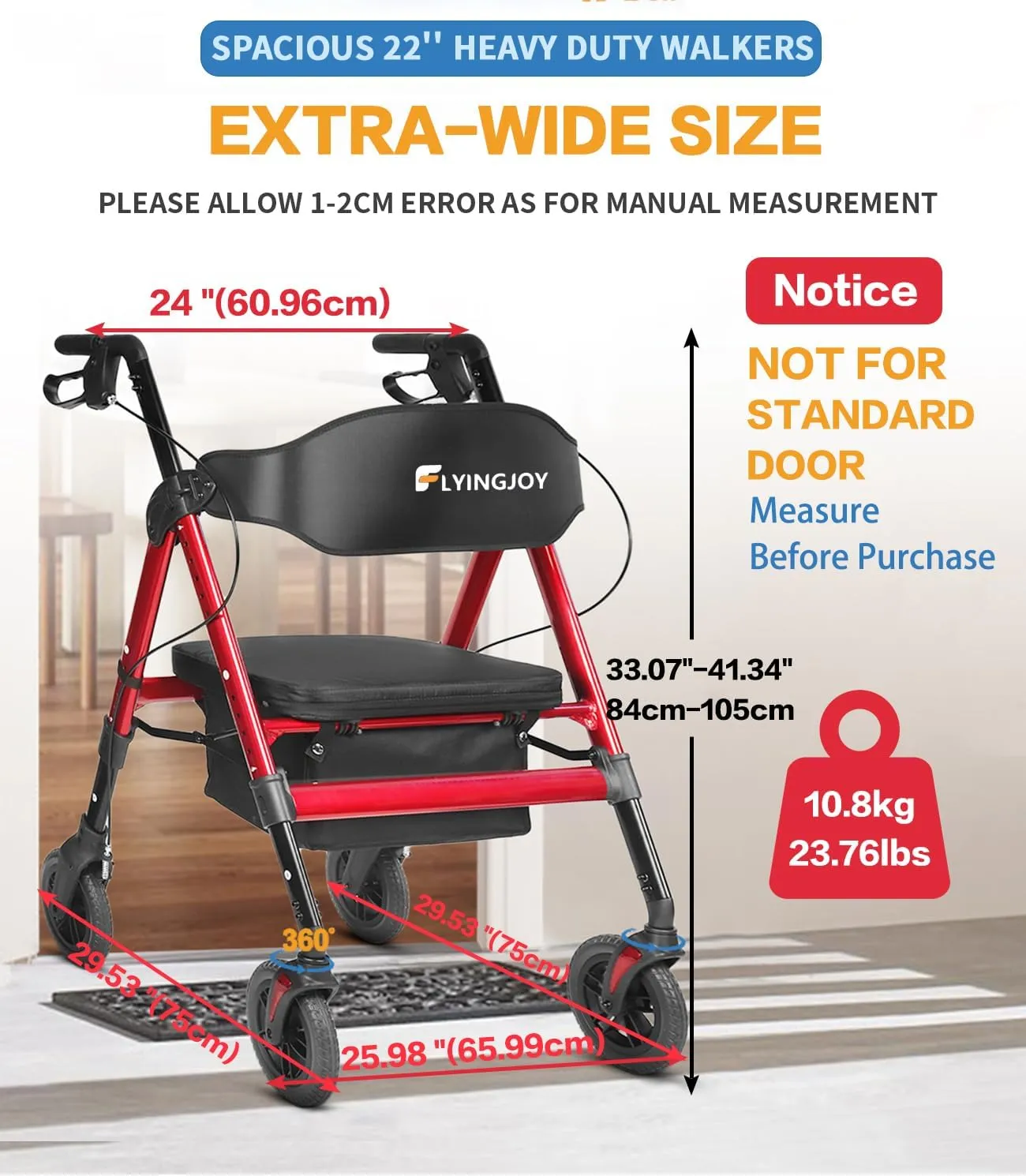 Rollator Walker with Seat,450Lb Rolling Walker, 23.76lbs(10.8kg) Extra-Wide Heavy-Duty Rollator Walker with Seat and Brakes for Seniors and Adults Bariatric with Large Aluminum (Red)