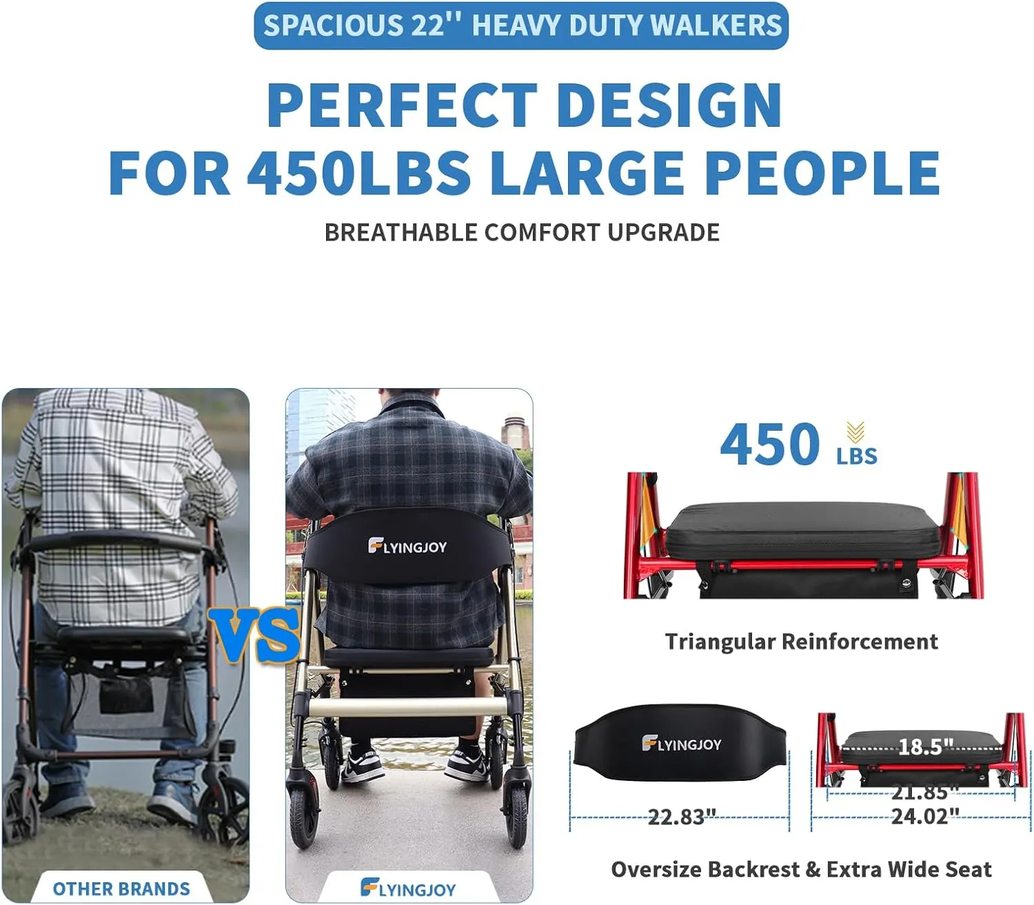 Rollator Walker with Seat,450Lb Rolling Walker, 23.76lbs(10.8kg) Extra-Wide Heavy-Duty Rollator Walker with Seat and Brakes for Seniors and Adults Bariatric with Large Aluminum (Red)