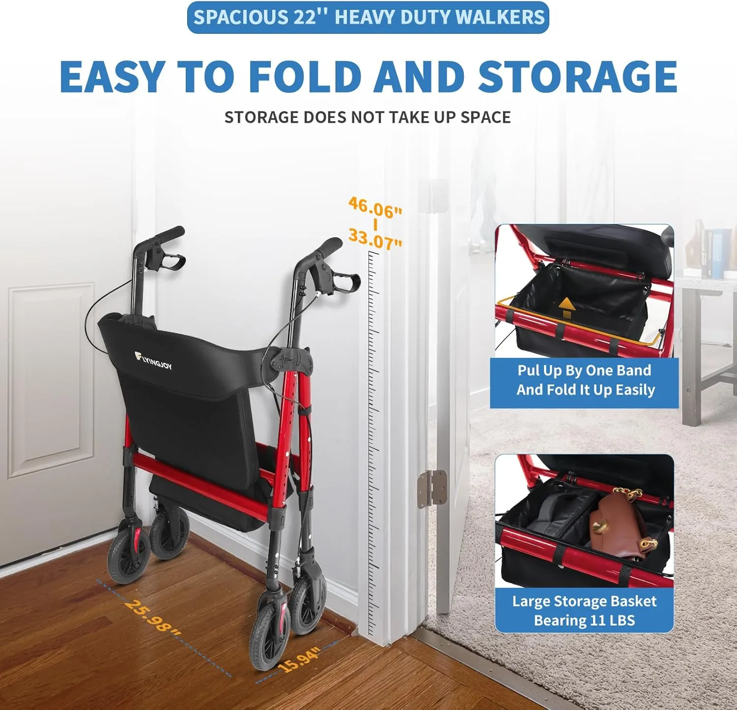 Rollator Walker with Seat,450Lb Rolling Walker, 23.76lbs(10.8kg) Extra-Wide Heavy-Duty Rollator Walker with Seat and Brakes for Seniors and Adults Bariatric with Large Aluminum (Red)