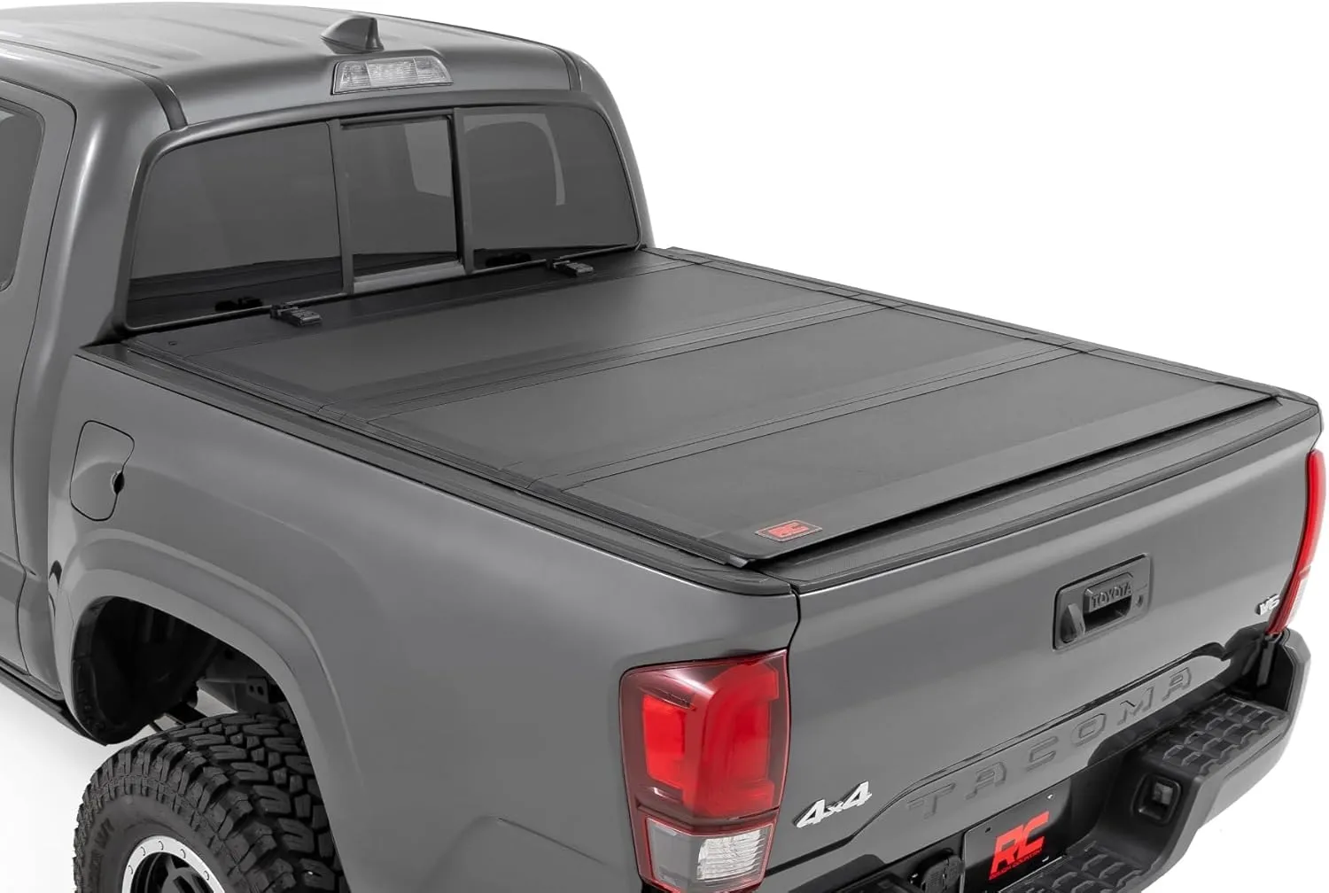 Rough Country Hard Flip Up Truck Bed Tonneau Cover for Toyota Tacoma (2016-2023) - Fits 6' (73.5") Bed, All-Weather Protection, Tri-Fold Flush Aluminum Panels