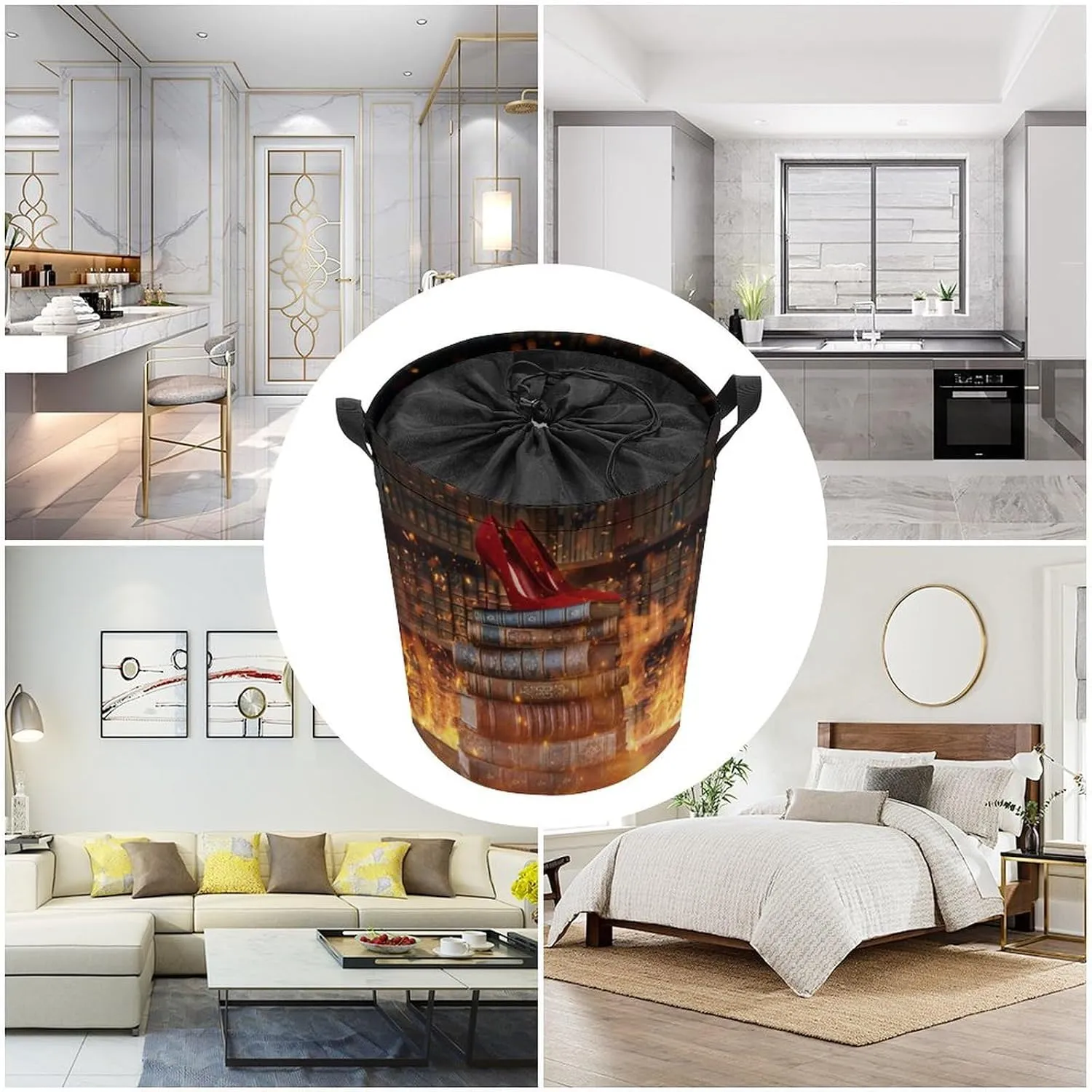 Rustic Mid Century Bookshelf Collapsible Folding Washing Bin,Abstract Vintage Art Castle Heels Fire For Laundry Room, Balcony Dirty Clothes Basket-13.8"W X13.8"L X17.3"H