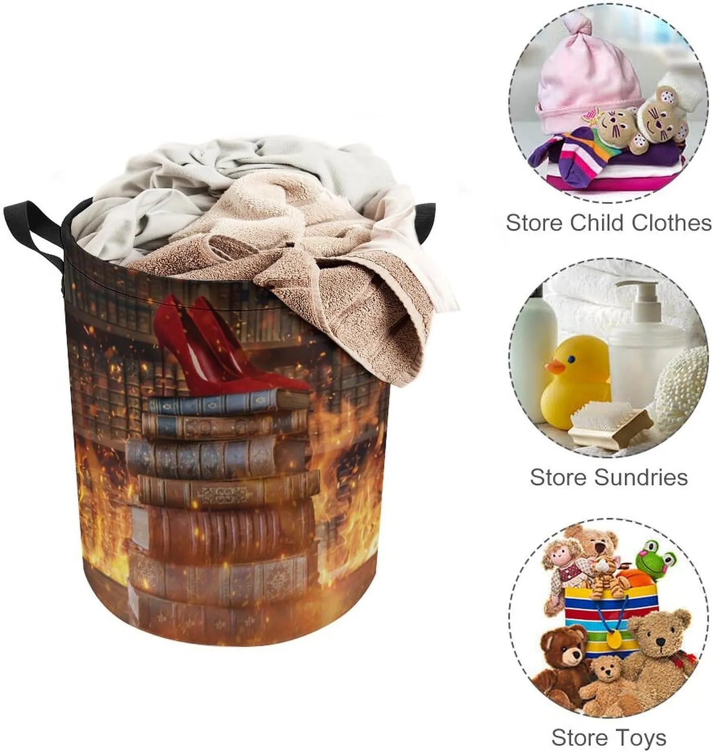 Rustic Mid Century Bookshelf Collapsible Folding Washing Bin,Abstract Vintage Art Castle Heels Fire For Laundry Room, Balcony Dirty Clothes Basket-13.8"W X13.8"L X17.3"H