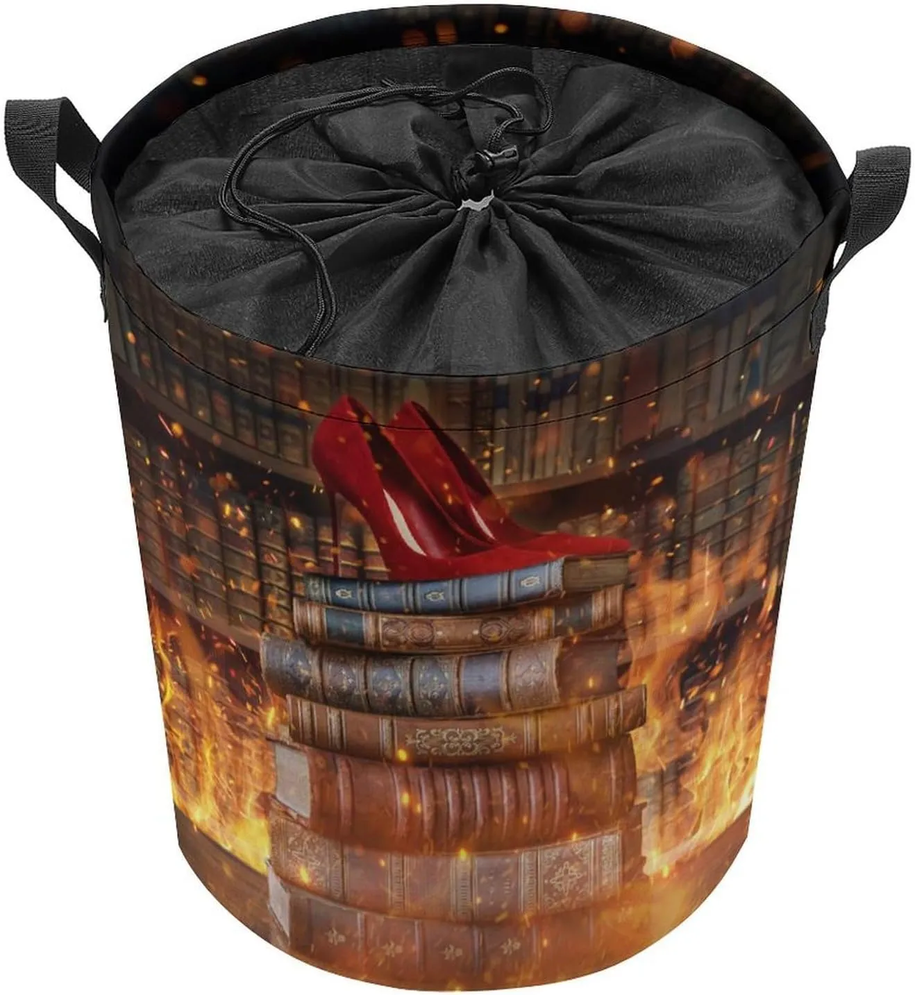 Rustic Mid Century Bookshelf Collapsible Folding Washing Bin,Abstract Vintage Art Castle Heels Fire For Laundry Room, Balcony Dirty Clothes Basket-13.8"W X13.8"L X17.3"H