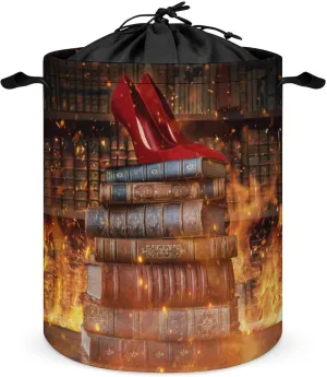 Rustic Mid Century Bookshelf Collapsible Folding Washing Bin,Abstract Vintage Art Castle Heels Fire For Laundry Room, Balcony Dirty Clothes Basket-13.8"W X13.8"L X17.3"H