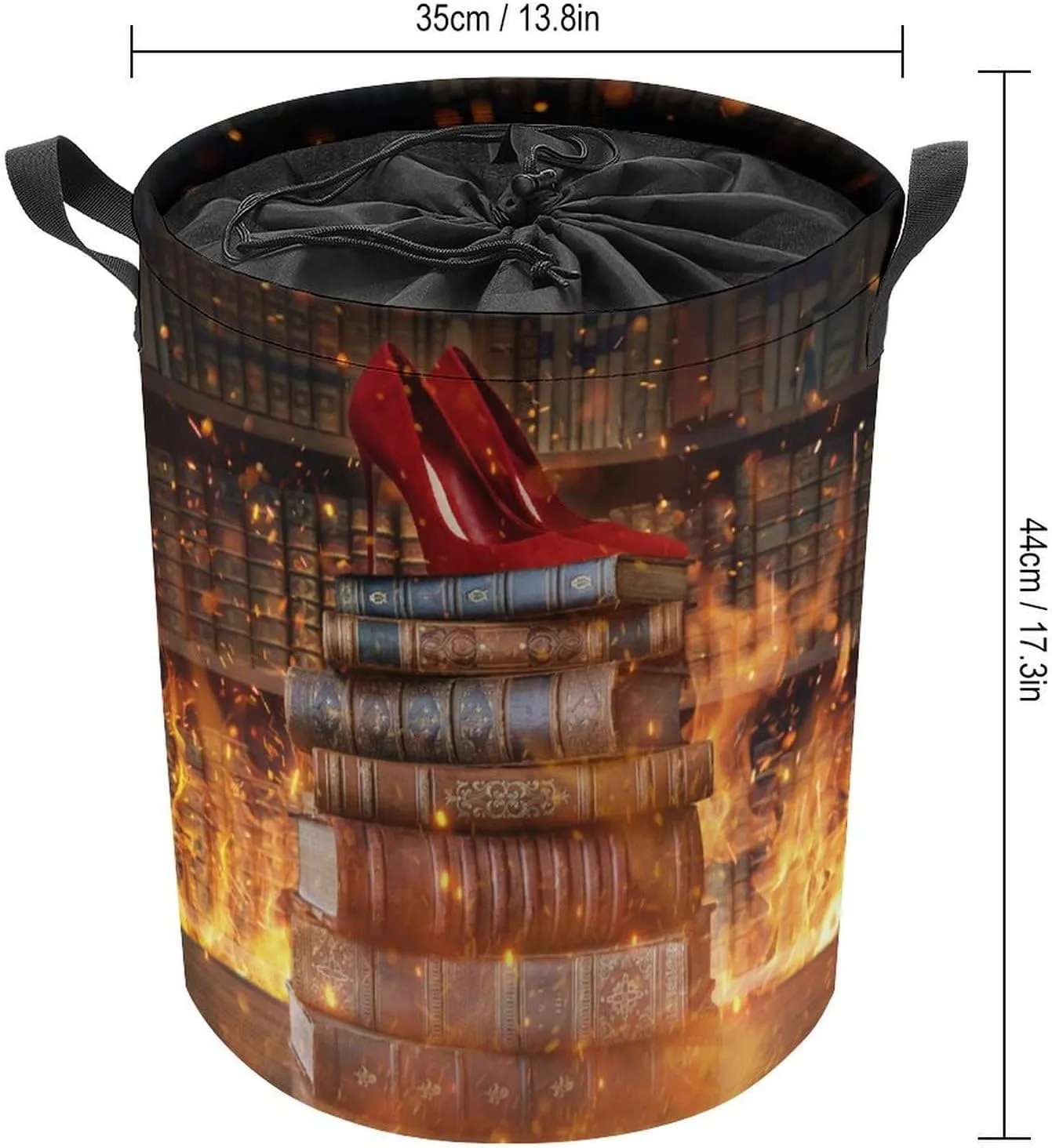 Rustic Mid Century Bookshelf Collapsible Folding Washing Bin,Abstract Vintage Art Castle Heels Fire For Laundry Room, Balcony Dirty Clothes Basket-13.8"W X13.8"L X17.3"H