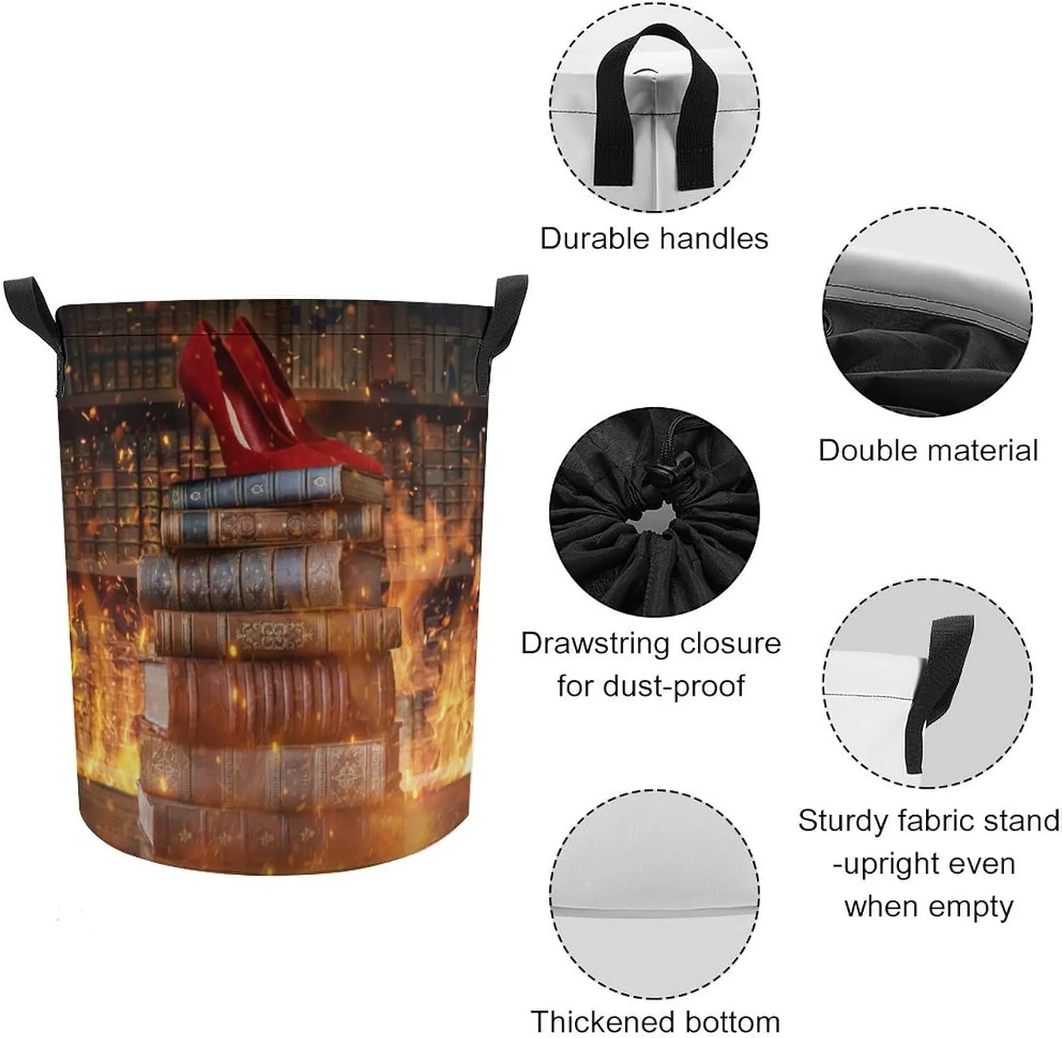 Rustic Mid Century Bookshelf Collapsible Folding Washing Bin,Abstract Vintage Art Castle Heels Fire For Laundry Room, Balcony Dirty Clothes Basket-13.8"W X13.8"L X17.3"H