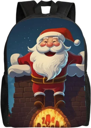 Santa Into The Chimney Travel Laptop Backpack Waterproof Lightweight Cute Backpack For Women Men Casual Daypack