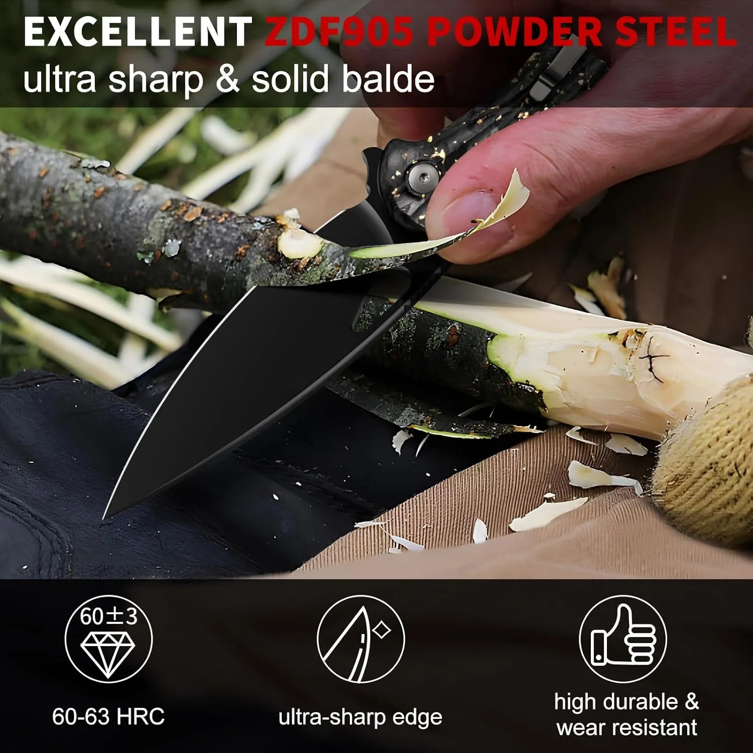 SHAN ZU Pocket Knife 3.2 in, Powder Steel Blade EDC Folding Knife for Men & Women, Utility Survival Knife with Shredded Carbon Fiber Handle & Pocket Clip for Camping Fishing Hiking Hunting-Gold Foil