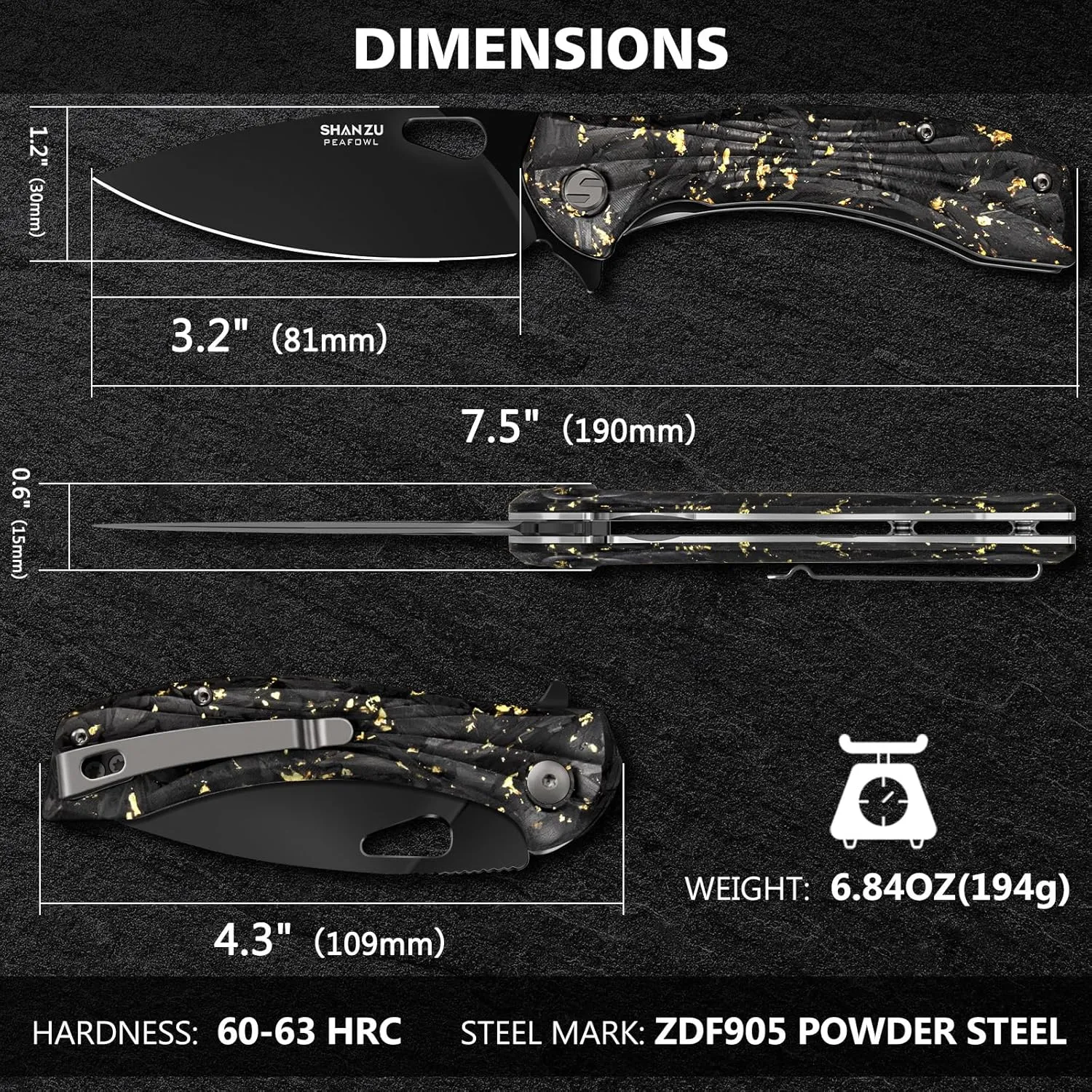 SHAN ZU Pocket Knife 3.2 in, Powder Steel Blade EDC Folding Knife for Men & Women, Utility Survival Knife with Shredded Carbon Fiber Handle & Pocket Clip for Camping Fishing Hiking Hunting-Gold Foil