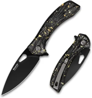 SHAN ZU Pocket Knife 3.2 in, Powder Steel Blade EDC Folding Knife for Men & Women, Utility Survival Knife with Shredded Carbon Fiber Handle & Pocket Clip for Camping Fishing Hiking Hunting-Gold Foil