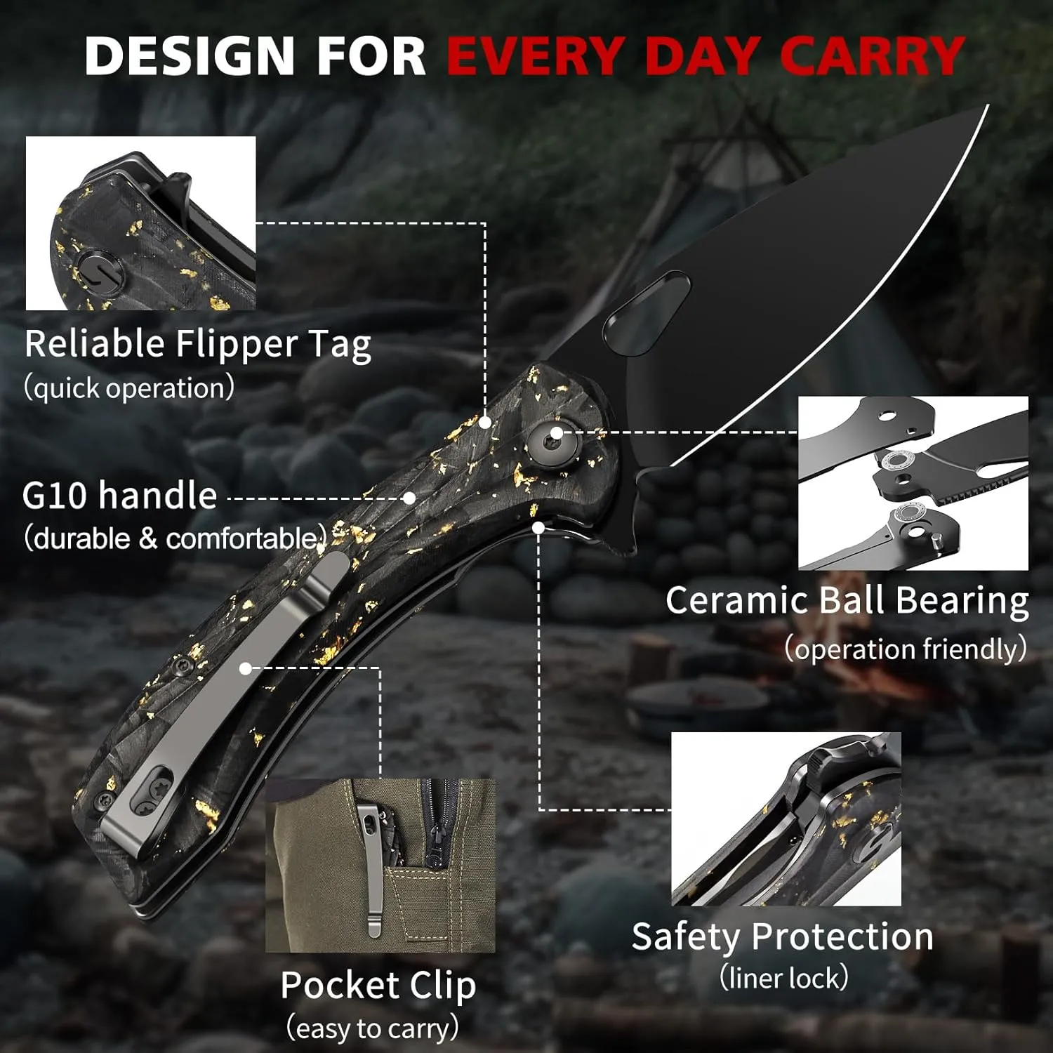 SHAN ZU Pocket Knife 3.2 in, Powder Steel Blade EDC Folding Knife for Men & Women, Utility Survival Knife with Shredded Carbon Fiber Handle & Pocket Clip for Camping Fishing Hiking Hunting-Gold Foil