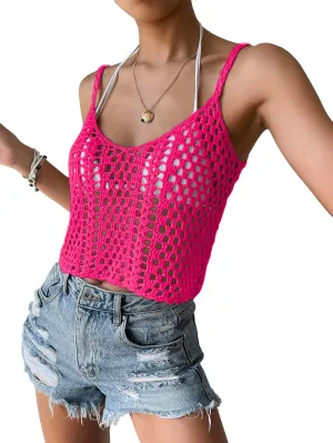 SHENHE Women's Hollow Out Crochet Scoop Neck Sleeveless Cami Top Bikini Cover Ups