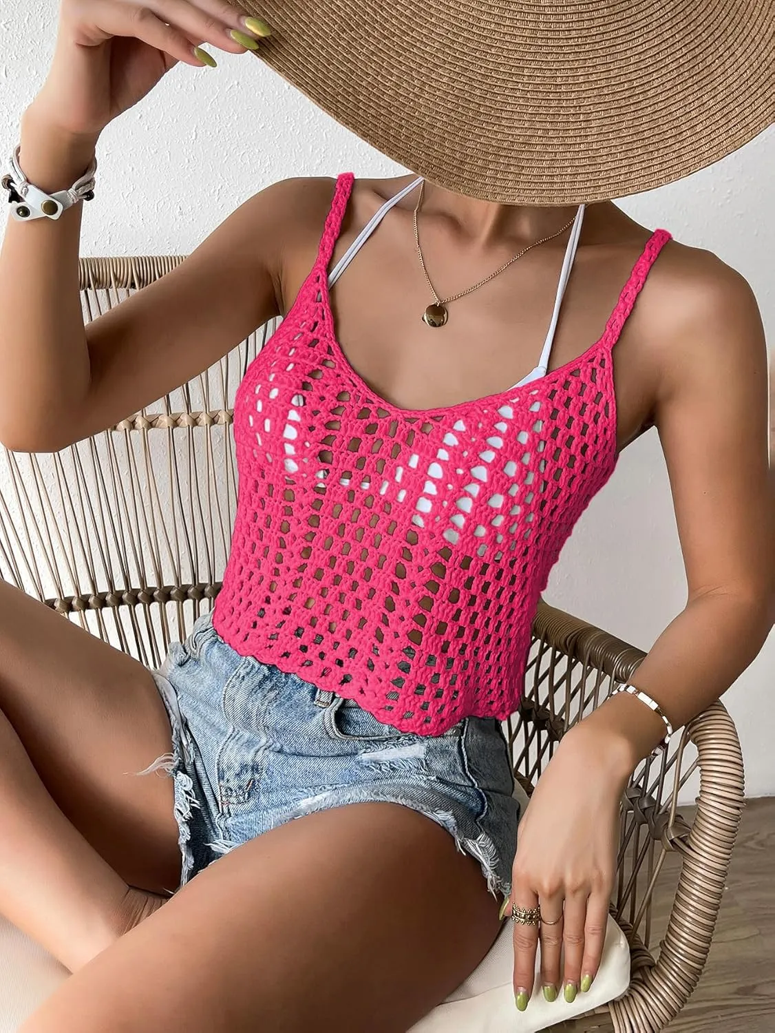 SHENHE Women's Hollow Out Crochet Scoop Neck Sleeveless Cami Top Bikini Cover Ups