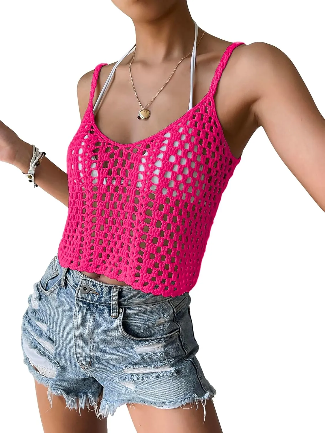 SHENHE Women's Hollow Out Crochet Scoop Neck Sleeveless Cami Top Bikini Cover Ups