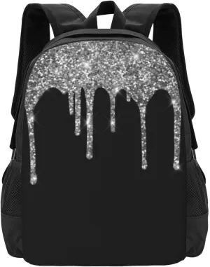 Silver Glitter Drips Sparkle Minimalist Large Backpack – 15”Laptop Backpack, Lightweight Travel & Work Bag With Ergonomic Straps