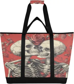 Skull and Roses Reusable Insulated Lunchbox Cooler Bag, Leakproof Kitchen Grocery Bag Collapsible Portable Cooler Tote Bag for Picnic, Camping, Office, Travel