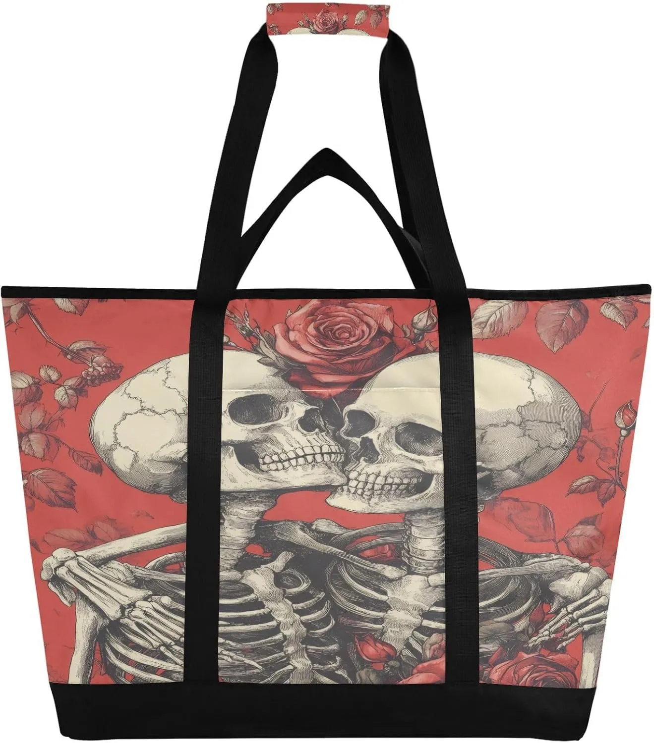 Skull and Roses Reusable Insulated Lunchbox Cooler Bag, Leakproof Kitchen Grocery Bag Collapsible Portable Cooler Tote Bag for Picnic, Camping, Office, Travel