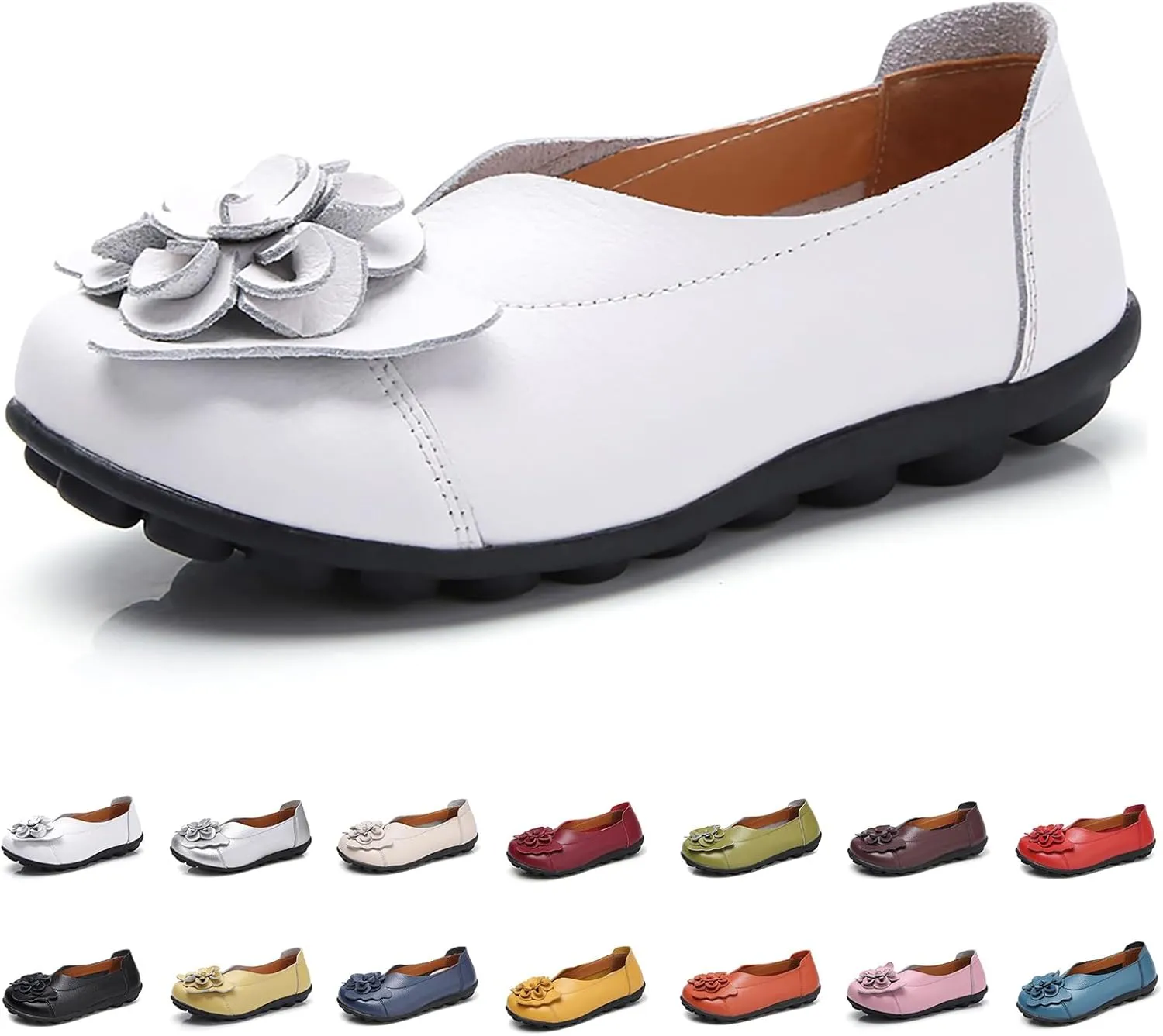 Slip On Loafers for Women Comfortable Walking Work Flats Shoes Soft Cushion Leather Loafers Cute Bow Flower Flat Driving Shoes Indoor Outdoor for Summer