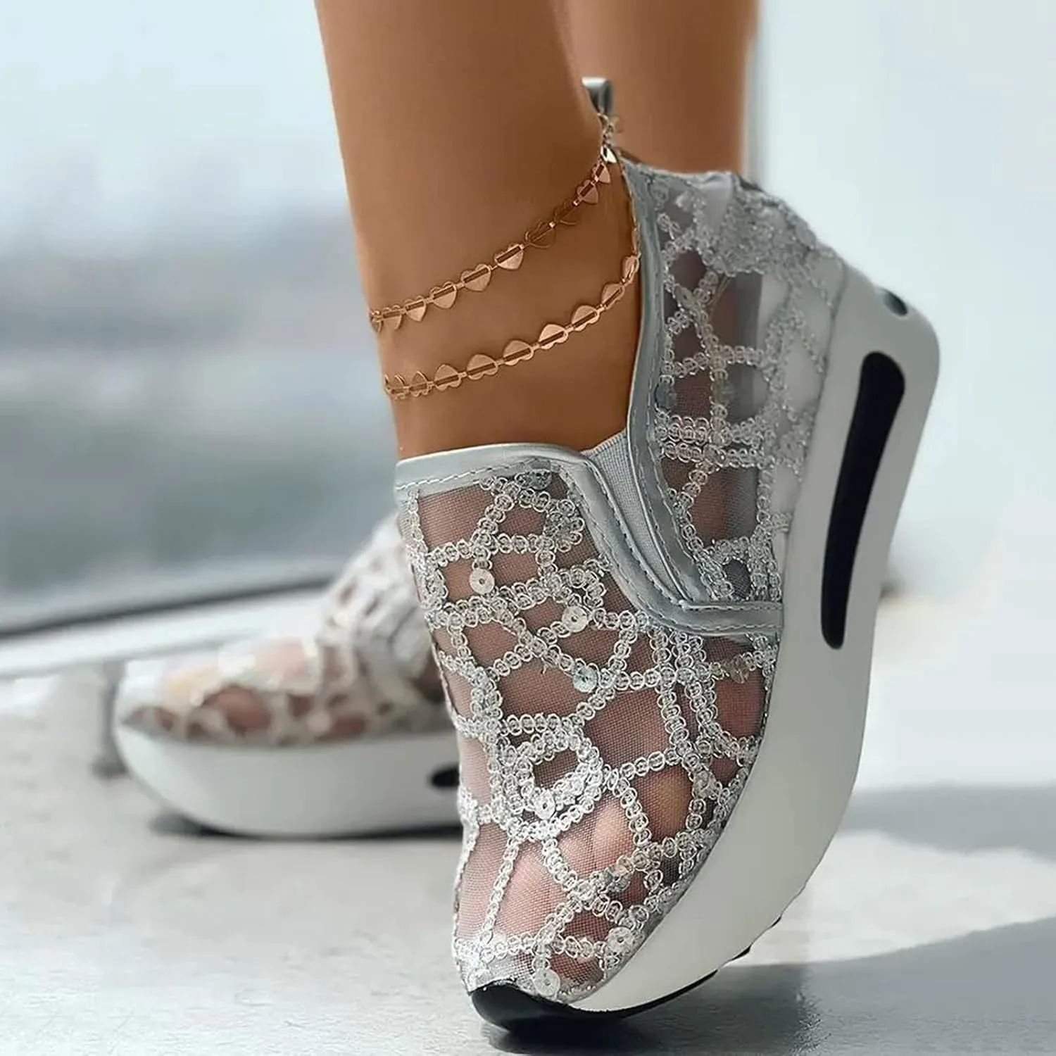Slip On Sneakers Women Platform Wedge Sneakers Fashion Embroidery Floral Mesh Air Comfort Chunky Sole Hidden High Heels Slip On Loafers Breathable Walking Shoes with Arch Support