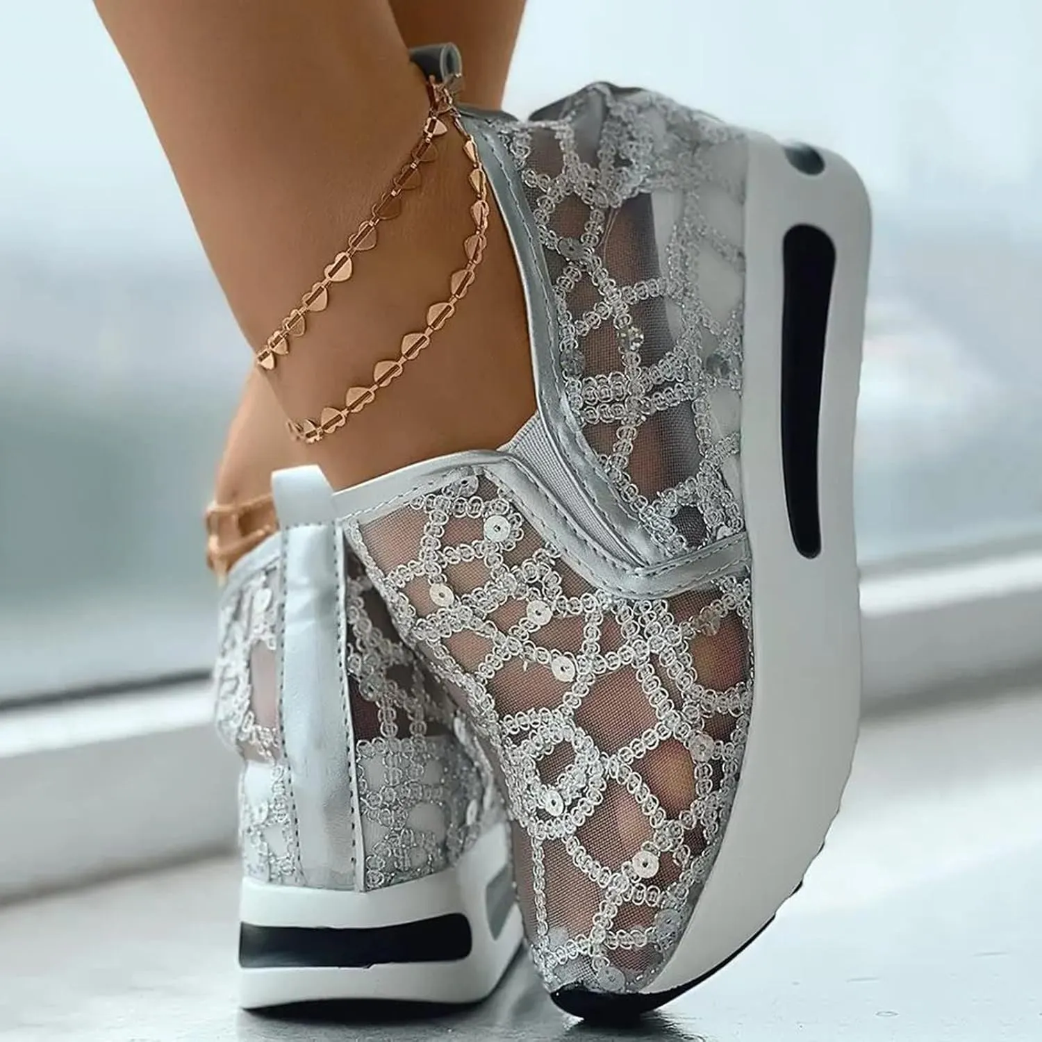 Slip On Sneakers Women Platform Wedge Sneakers Fashion Embroidery Floral Mesh Air Comfort Chunky Sole Hidden High Heels Slip On Loafers Breathable Walking Shoes with Arch Support