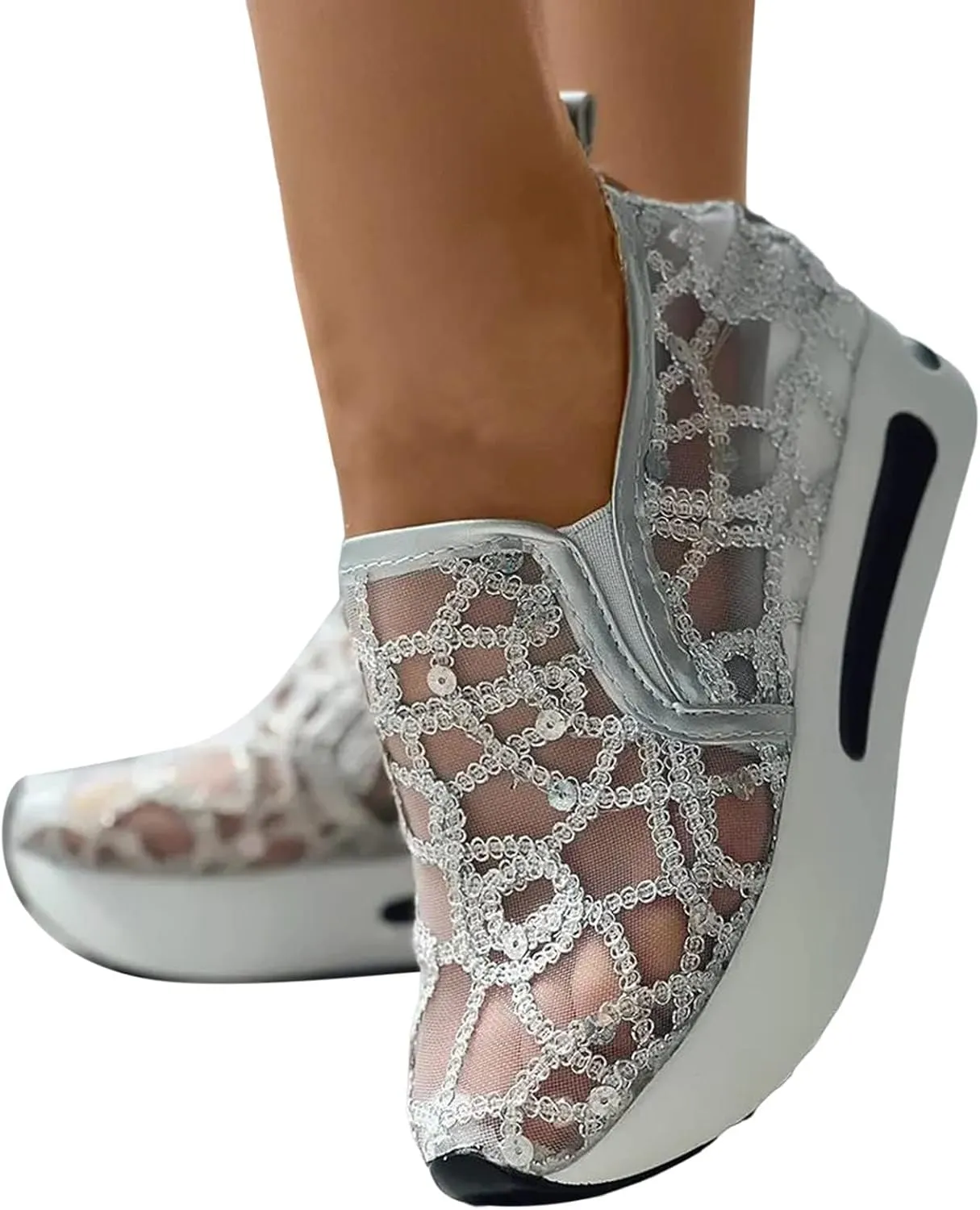 Slip On Sneakers Women Platform Wedge Sneakers Fashion Embroidery Floral Mesh Air Comfort Chunky Sole Hidden High Heels Slip On Loafers Breathable Walking Shoes with Arch Support