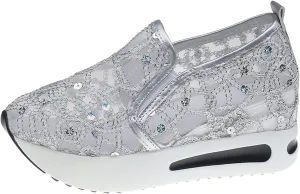 Slip On Sneakers Women Platform Wedge Sneakers Fashion Embroidery Floral Mesh Air Comfort Chunky Sole Hidden High Heels Slip On Loafers Breathable Walking Shoes with Arch Support