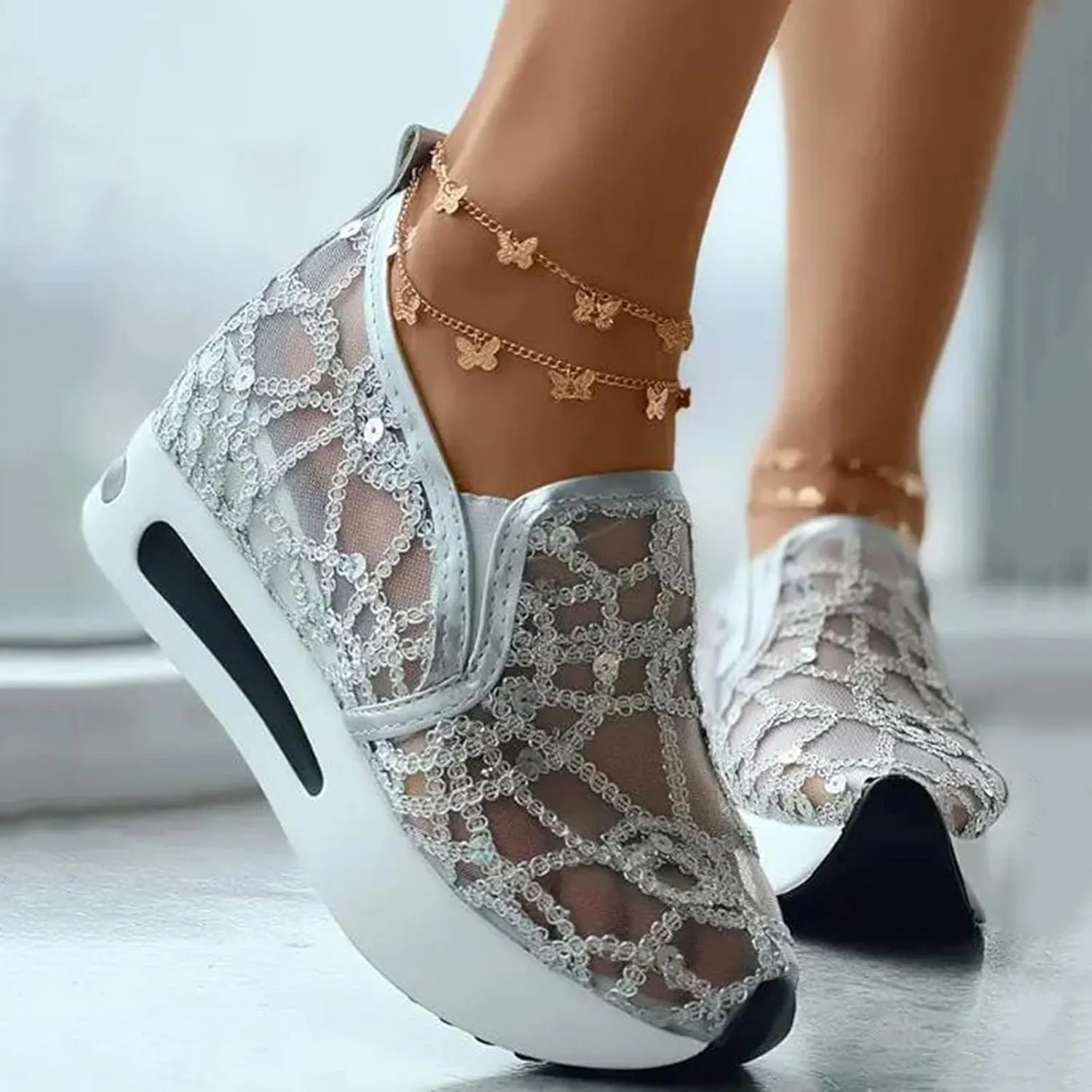 Slip On Sneakers Women Platform Wedge Sneakers Fashion Embroidery Floral Mesh Air Comfort Chunky Sole Hidden High Heels Slip On Loafers Breathable Walking Shoes with Arch Support
