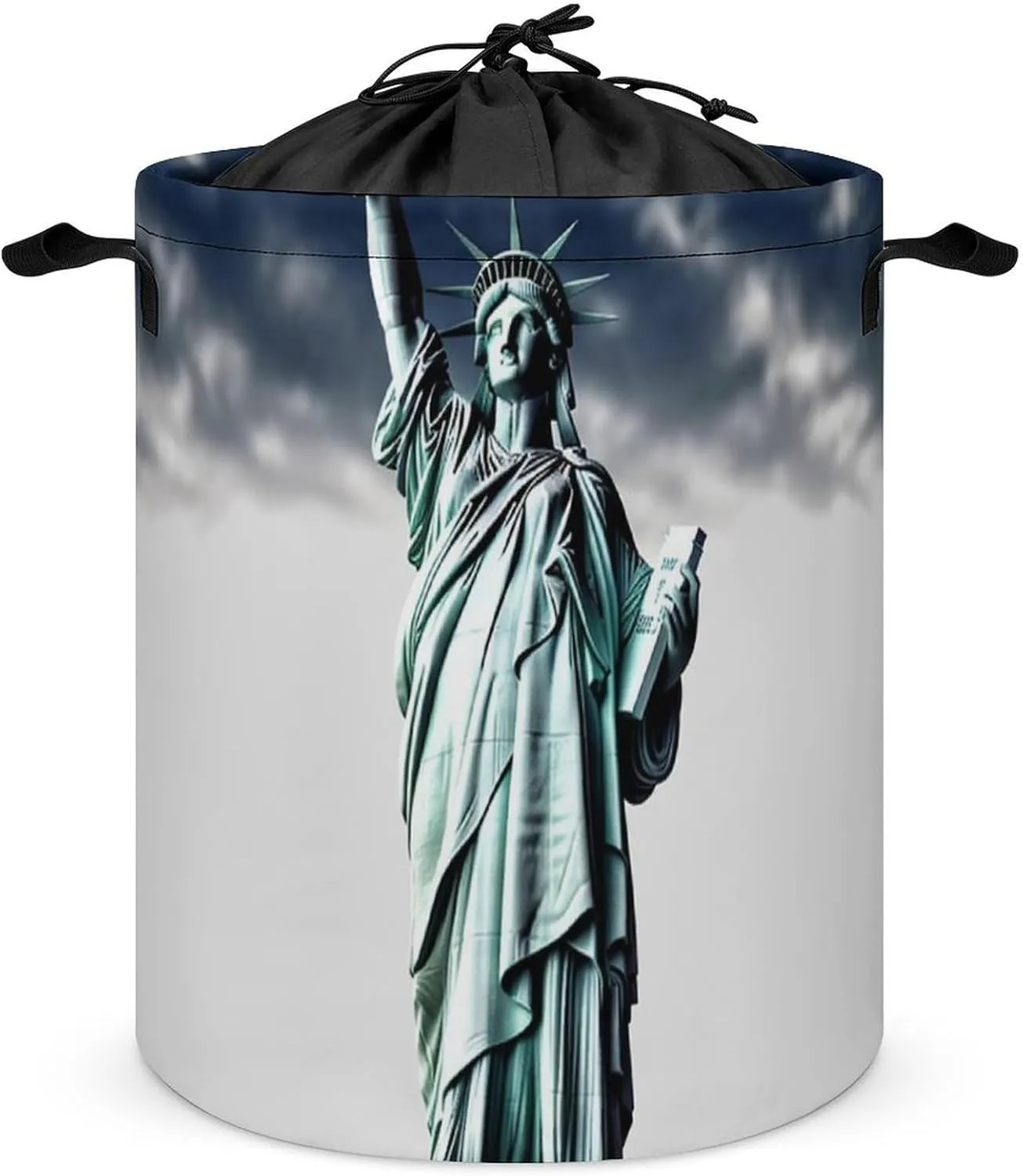 Statue of Liberty Laundry Bag Round Laundry Basket Collapsible Hamper with Handles Drawstring Closure Waterproof Storage Basket Dirty Clothes Organizer for Bedroom Bathroom Dorm 17" X 17"