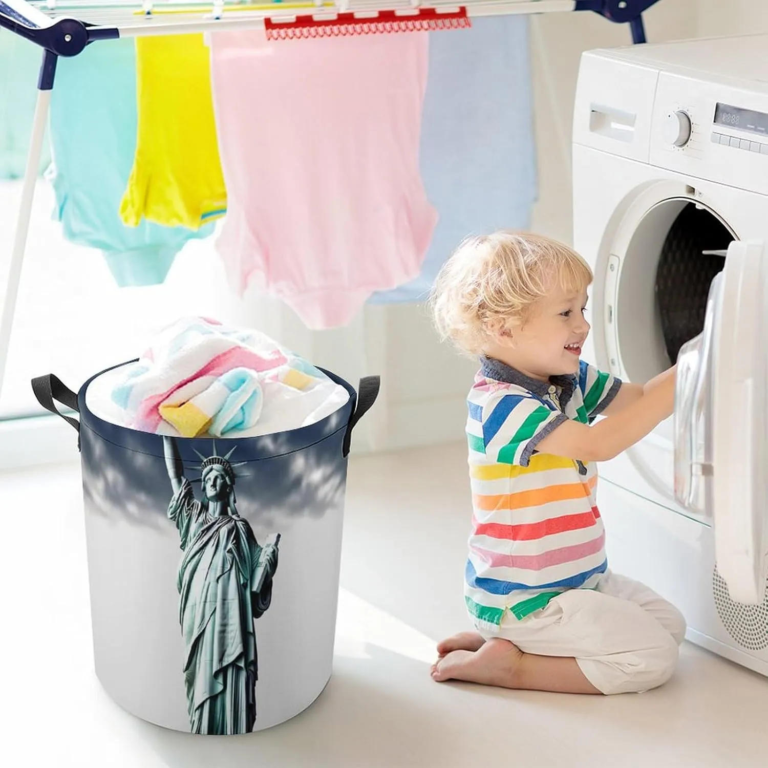 Statue of Liberty Laundry Bag Round Laundry Basket Collapsible Hamper with Handles Drawstring Closure Waterproof Storage Basket Dirty Clothes Organizer for Bedroom Bathroom Dorm 17" X 17"