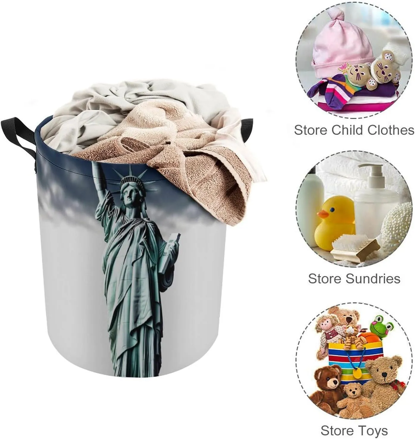 Statue of Liberty Laundry Bag Round Laundry Basket Collapsible Hamper with Handles Drawstring Closure Waterproof Storage Basket Dirty Clothes Organizer for Bedroom Bathroom Dorm 17" X 17"