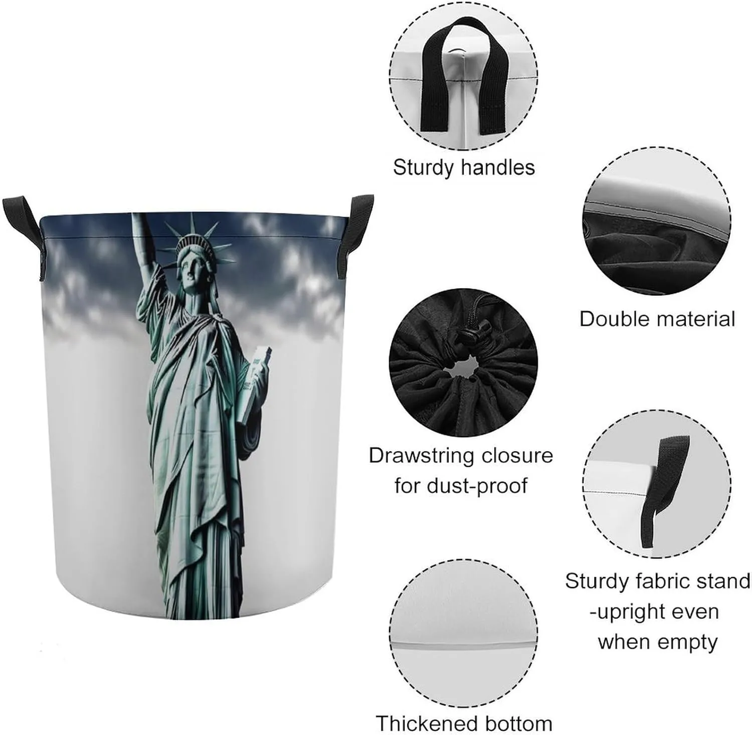 Statue of Liberty Laundry Bag Round Laundry Basket Collapsible Hamper with Handles Drawstring Closure Waterproof Storage Basket Dirty Clothes Organizer for Bedroom Bathroom Dorm 17" X 17"