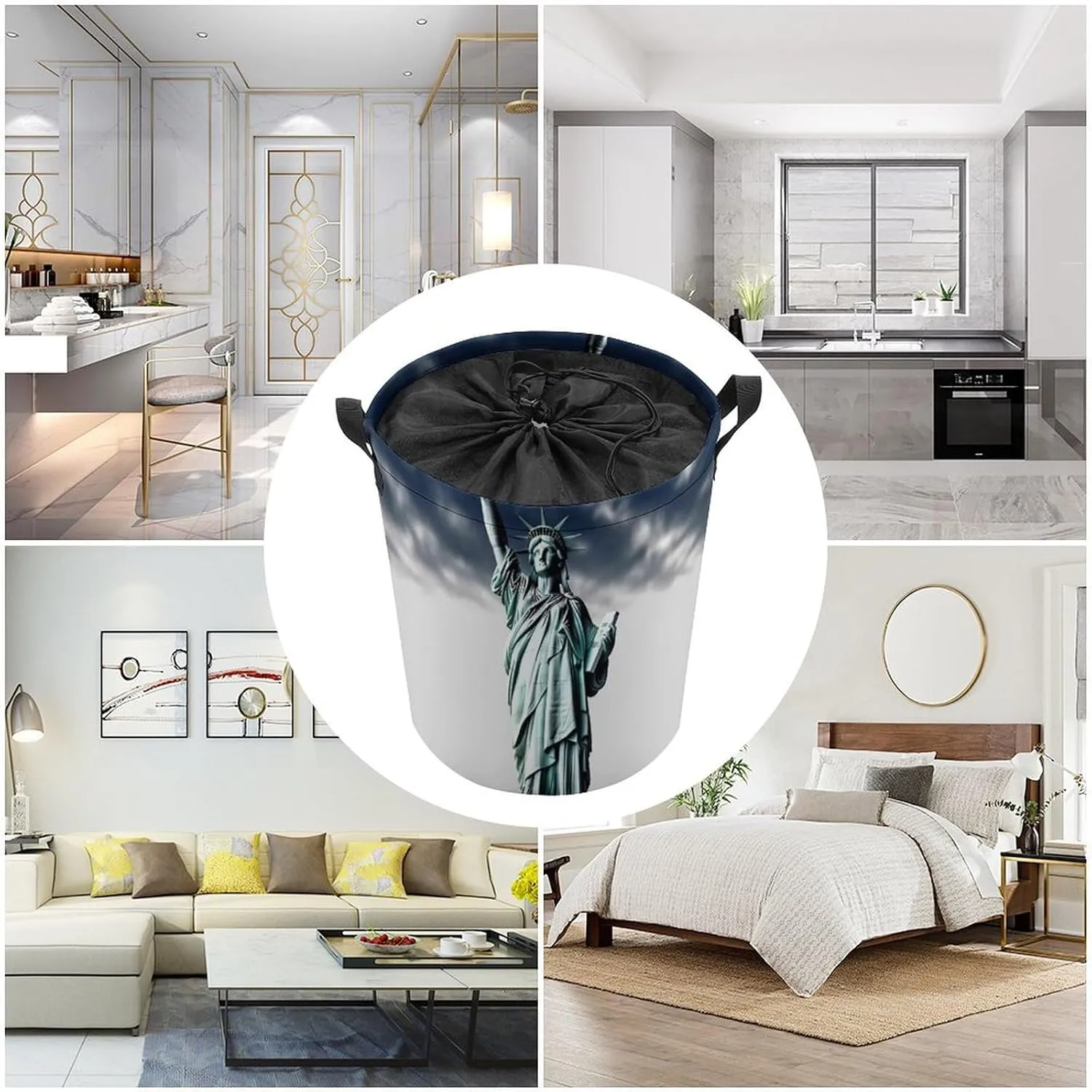 Statue of Liberty Laundry Bag Round Laundry Basket Collapsible Hamper with Handles Drawstring Closure Waterproof Storage Basket Dirty Clothes Organizer for Bedroom Bathroom Dorm 17" X 17"