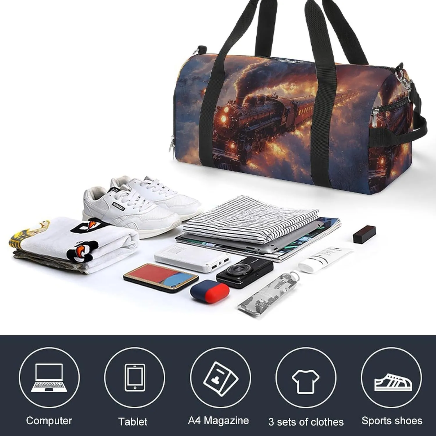 Steam Train in Snow Fitness Large Gym Bag for Unisex with Shoe Compartment & Wet Pocket