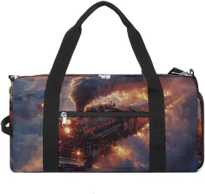 Steam Train in Snow Fitness Large Gym Bag for Unisex with Shoe Compartment & Wet Pocket