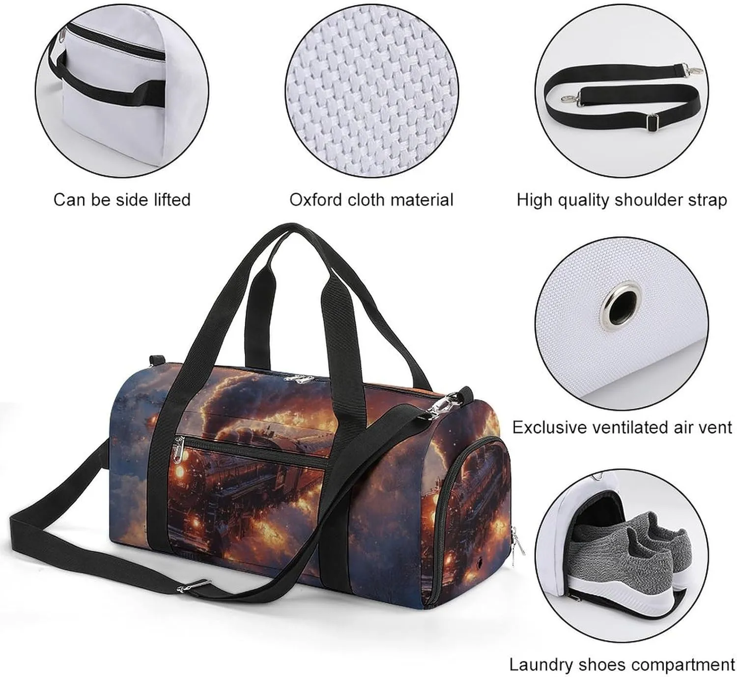 Steam Train in Snow Fitness Large Gym Bag for Unisex with Shoe Compartment & Wet Pocket