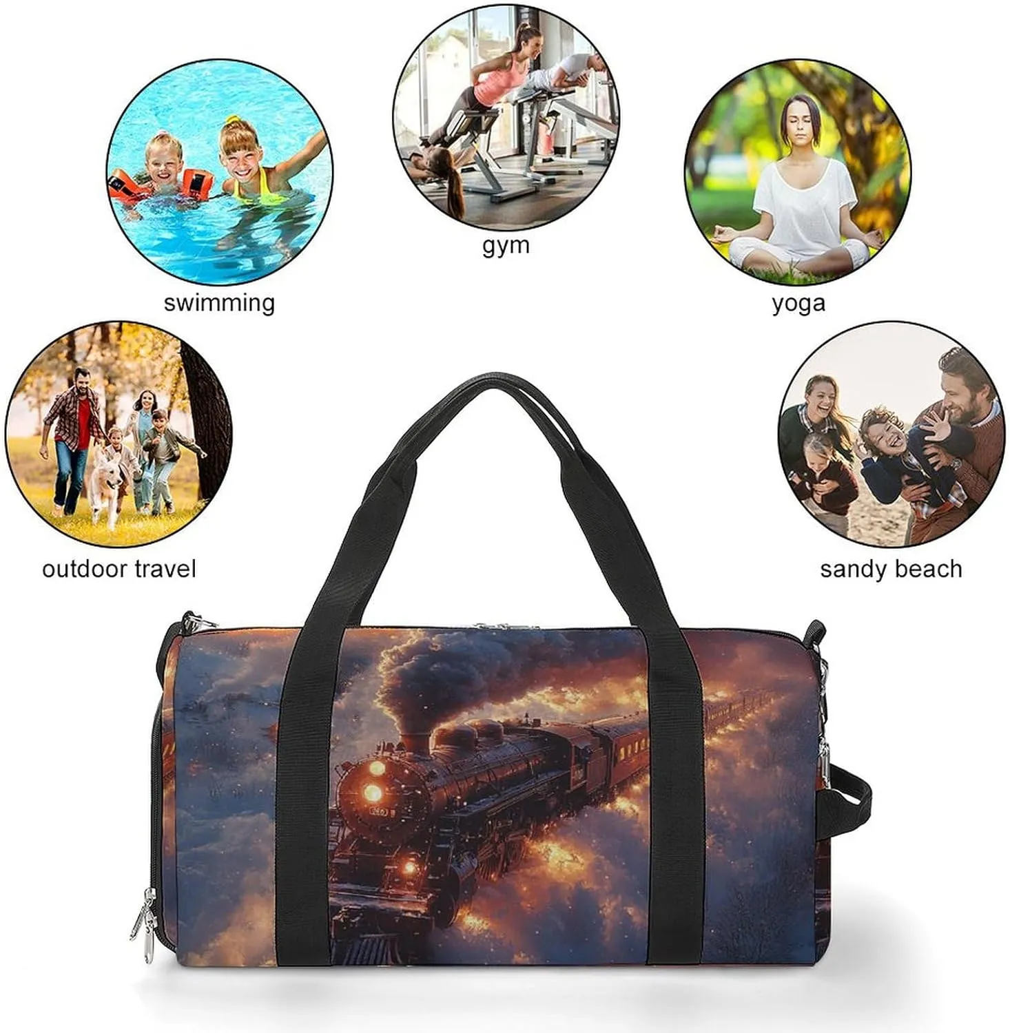 Steam Train in Snow Fitness Large Gym Bag for Unisex with Shoe Compartment & Wet Pocket
