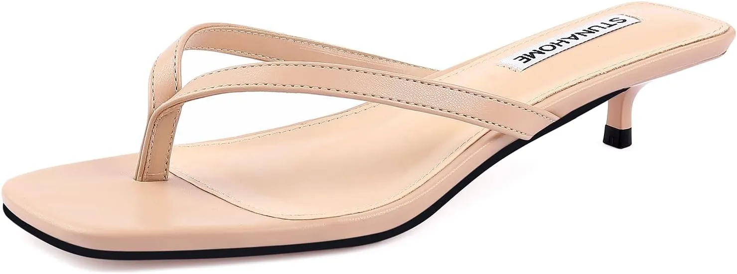STUNAHOME Womens Kitten Heel Thong Sandals with Memory Foam Cute Flip Flop Heels for Women 1.4 Inches