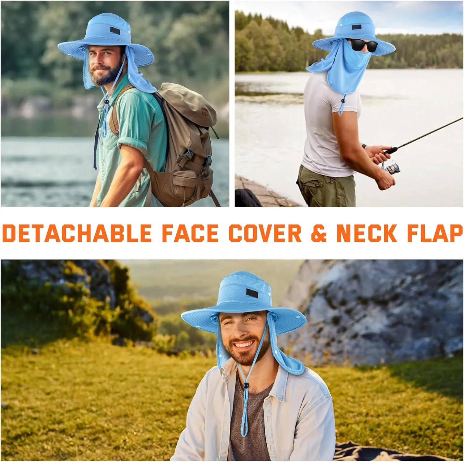 Sukeen Fishing Hat for Men Women, Wide Brim Outdoor UPF 50  Sun Protection with Detachable Neck Flap and Face Mask