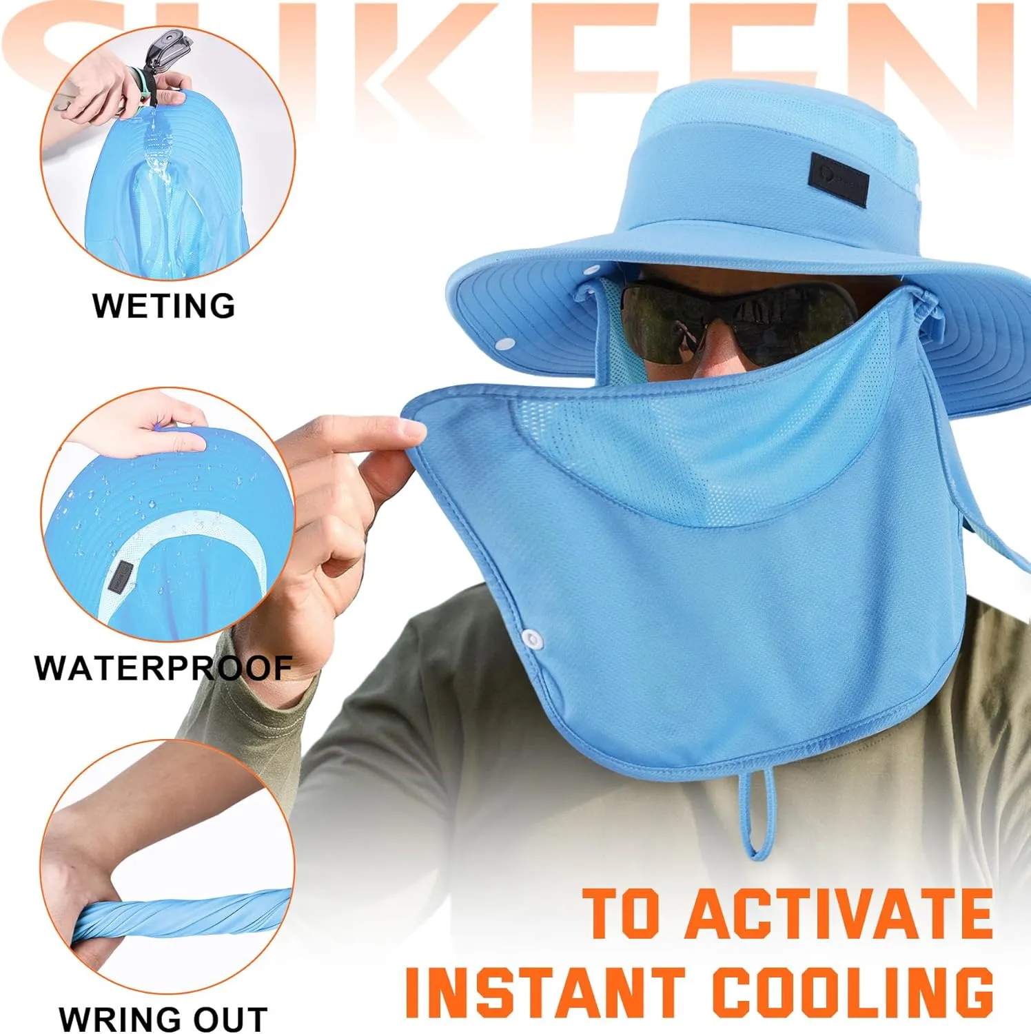 Sukeen Fishing Hat for Men Women, Wide Brim Outdoor UPF 50  Sun Protection with Detachable Neck Flap and Face Mask