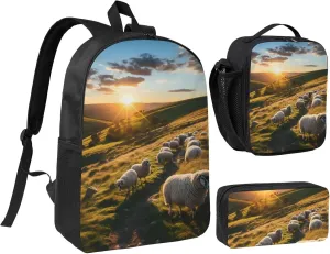 Sunset Pasture 2 print Backpack Set Casual Shoulder Bag Lunch Bag Pen Pouch 3 in 1 Set 17inch for Women Men College