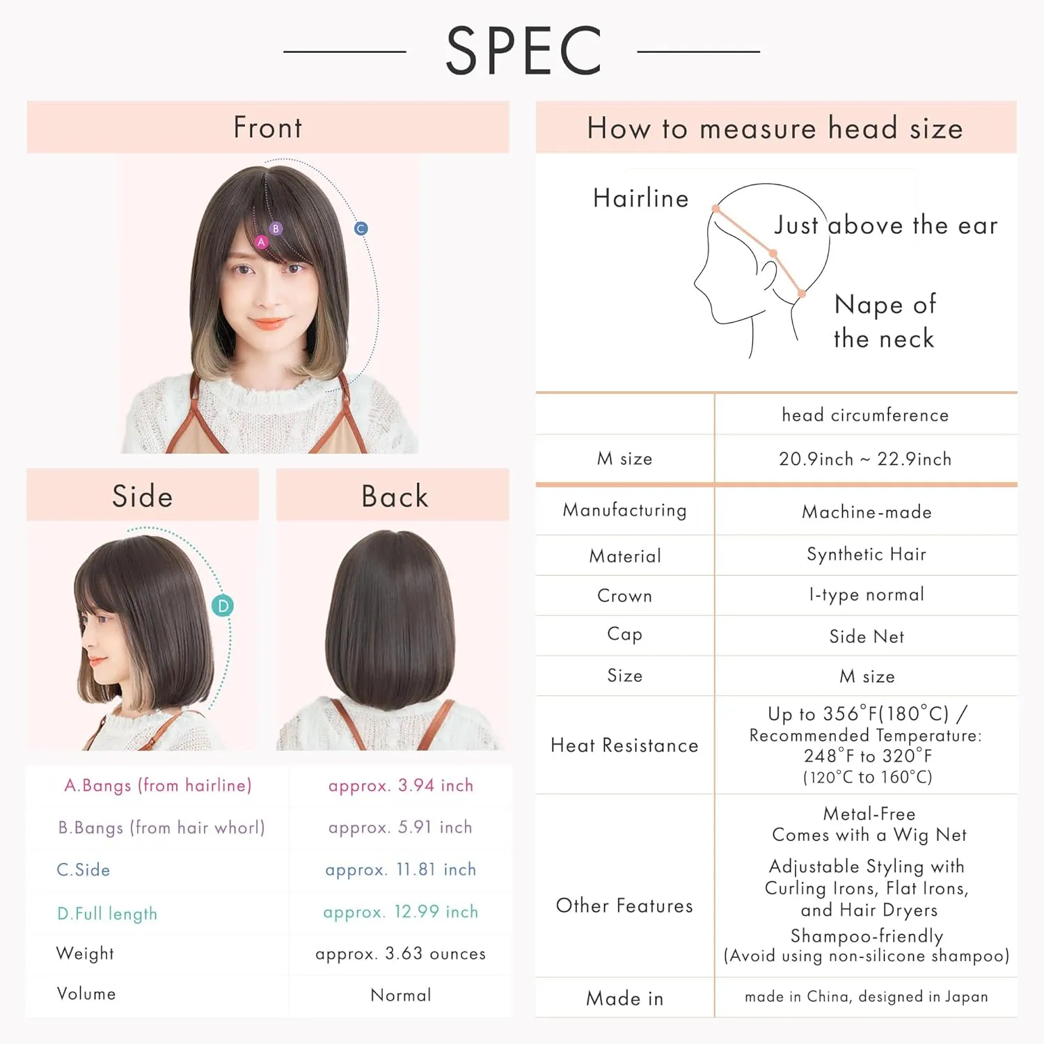 Synthetic Hair Inner Color Casual Bob Wig - Glueless, Heat-Resistant, Natural Crown & Comfortable Stretch Cap (Chocolate Brown & Purple Veil, M)