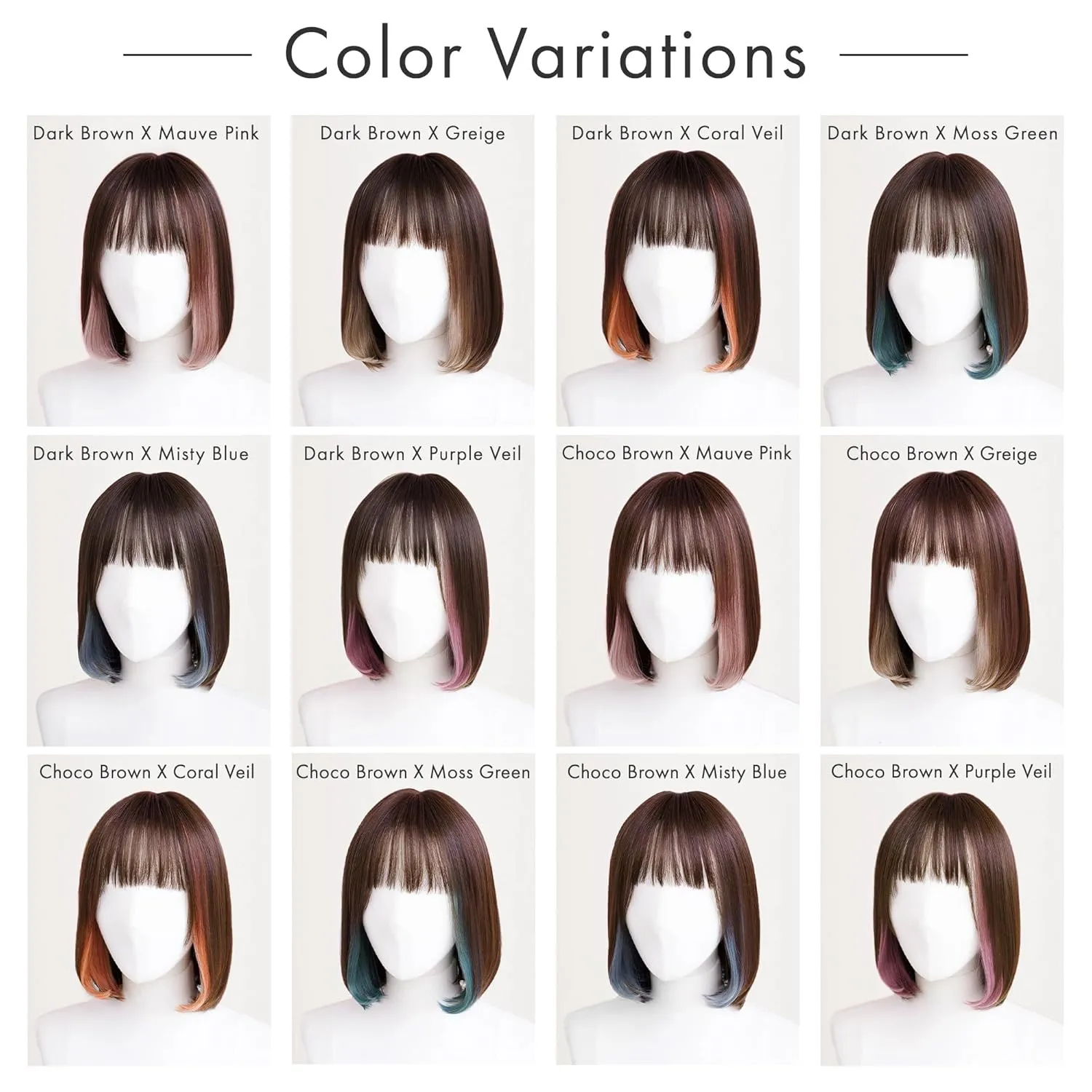 Synthetic Hair Inner Color Casual Bob Wig - Glueless, Heat-Resistant, Natural Crown & Comfortable Stretch Cap (Chocolate Brown & Purple Veil, M)