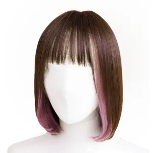 Synthetic Hair Inner Color Casual Bob Wig - Glueless, Heat-Resistant, Natural Crown & Comfortable Stretch Cap (Chocolate Brown & Purple Veil, M)