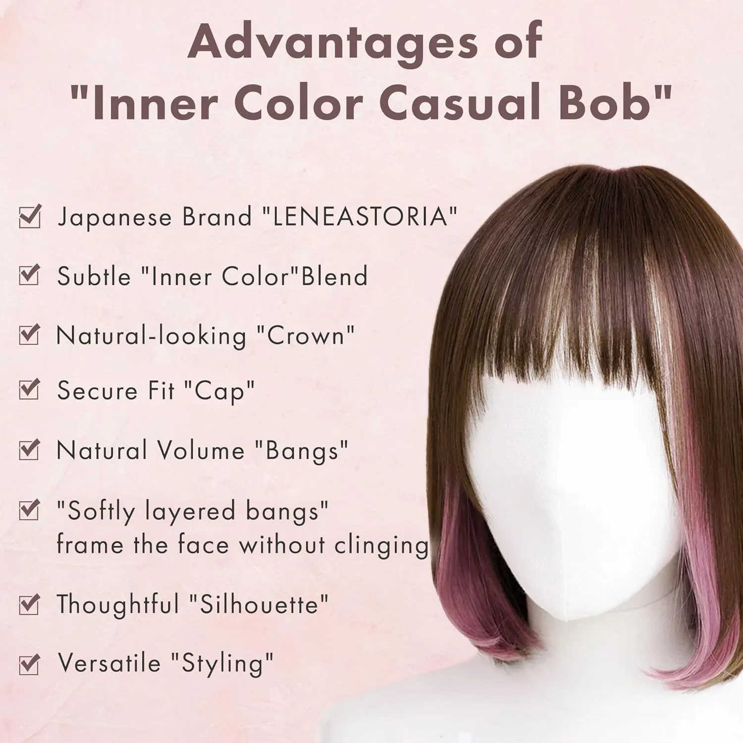 Synthetic Hair Inner Color Casual Bob Wig - Glueless, Heat-Resistant, Natural Crown & Comfortable Stretch Cap (Chocolate Brown & Purple Veil, M)