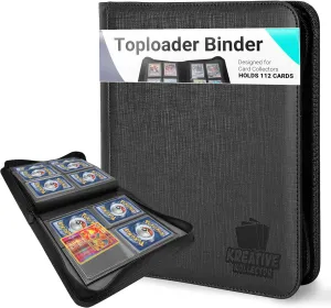Toploader Binder – 4-Pocket Side Load Trading Card Album, Holds 112 Cards with 20 Toploader Sleeves, Compatible with Pokemon, MTG, Sports Cards, Top Loader Storage (Black)
