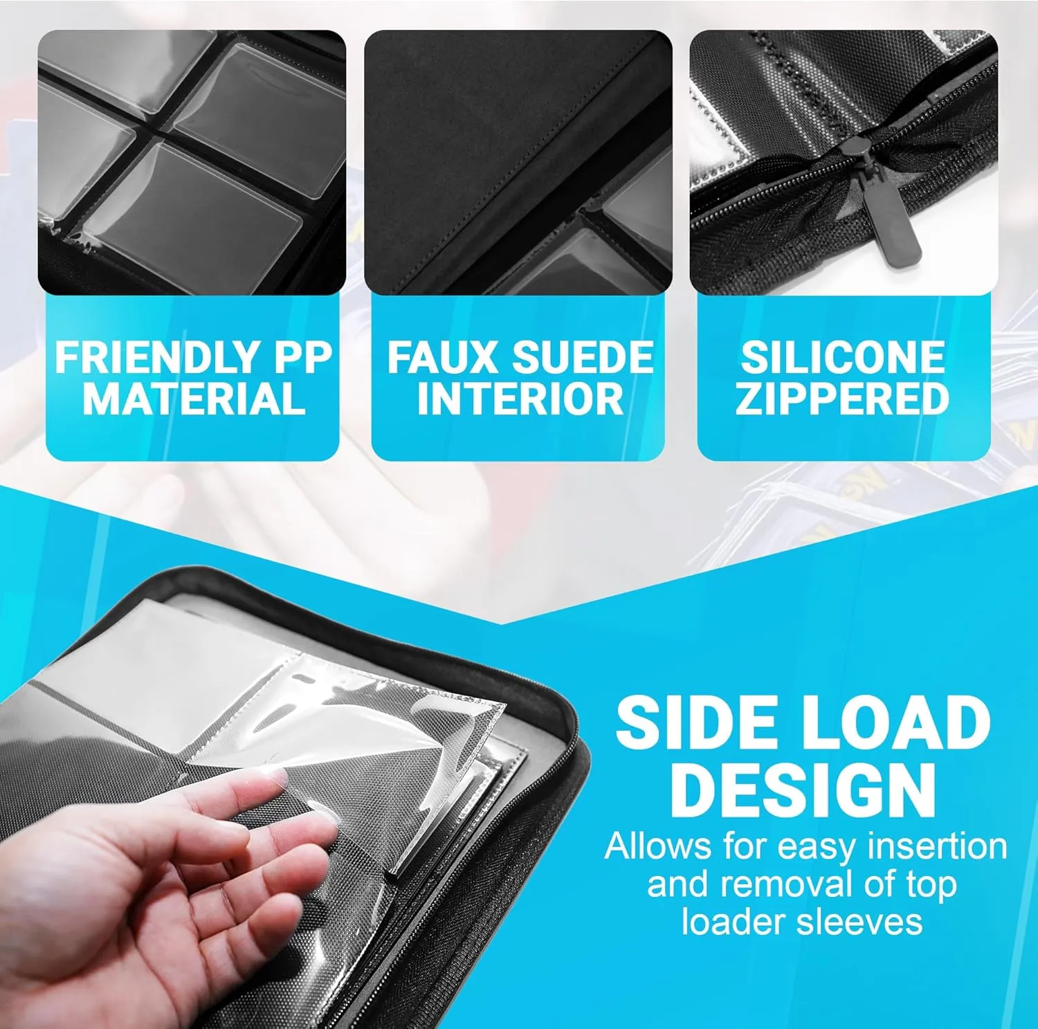 Toploader Binder – 4-Pocket Side Load Trading Card Album, Holds 112 Cards with 20 Toploader Sleeves, Compatible with Pokemon, MTG, Sports Cards, Top Loader Storage (Black)