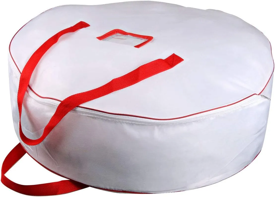 TQS 30" Christmas Garland Ornaments Wreath Storage Bag - Christmas Large Wreath Storage Container - Reinforced Wide Heavy Duty Handle and Double Sleek Zipper -Protect Your Party Decorations - White